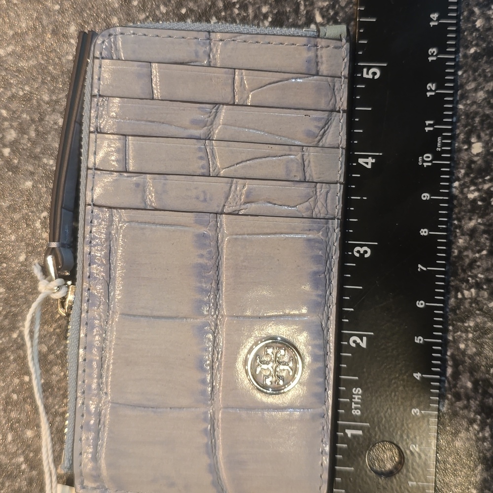 TORY BURCH Robinson Croc-Embossed Top-Zip Card Case Holder blue celadon $158 - Picture 3 of 11